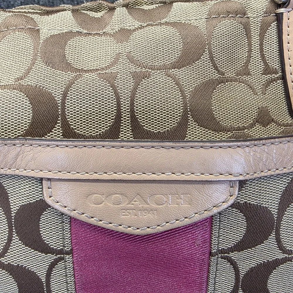 Coach Signature Stripe Tote Khaki Pink Jacquard Canvas Shoulder Bag F28504
